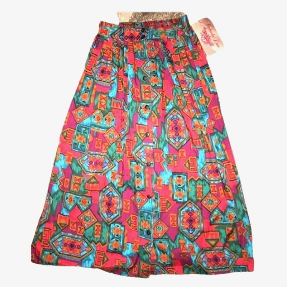 Penbrooke Lane NWT Vintage Vibrant Aztec Design Front Button Skirt. Sz. Women 10